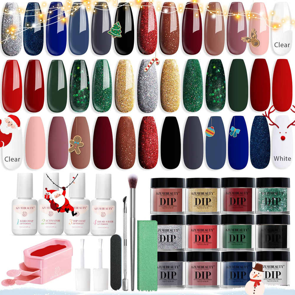 AZUREBEAUTY dip powder kit color swatches show vibrant festive shades for nails