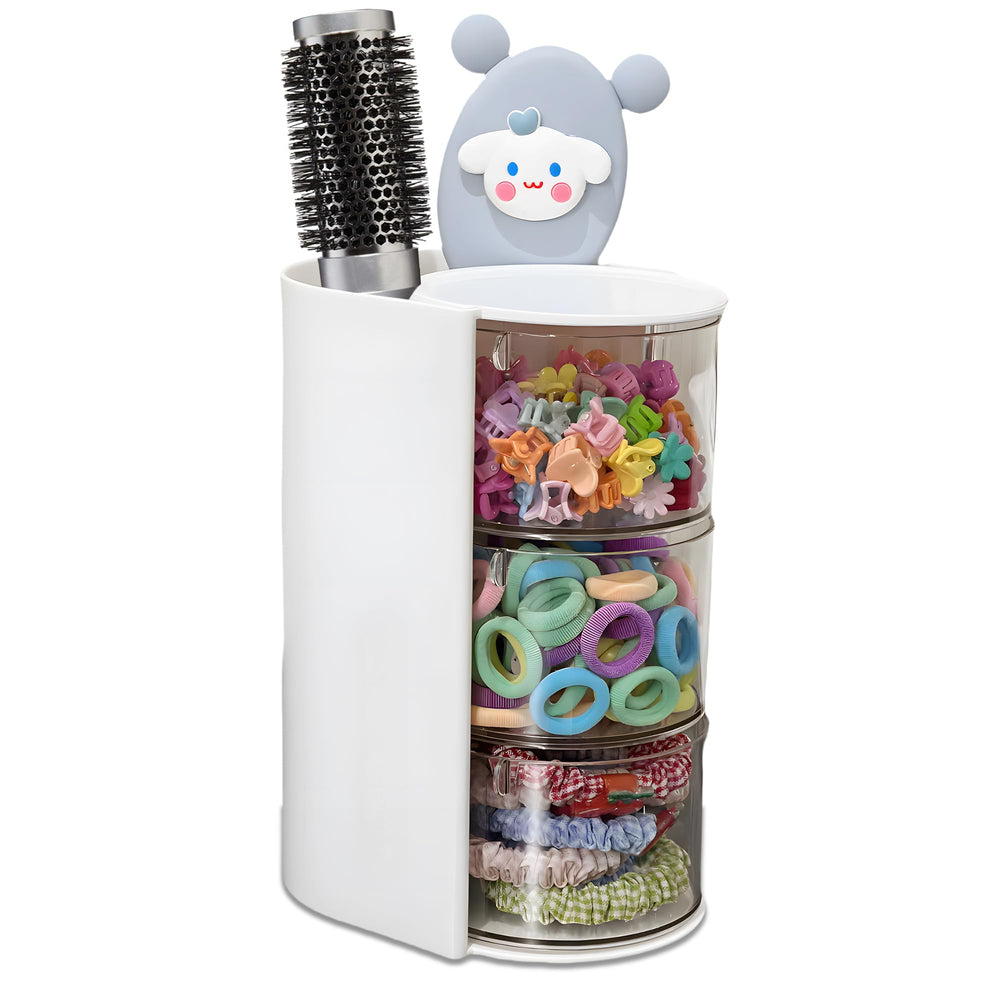 Azurphoric hair-accessories-organizer with rotating design for quick brush access.