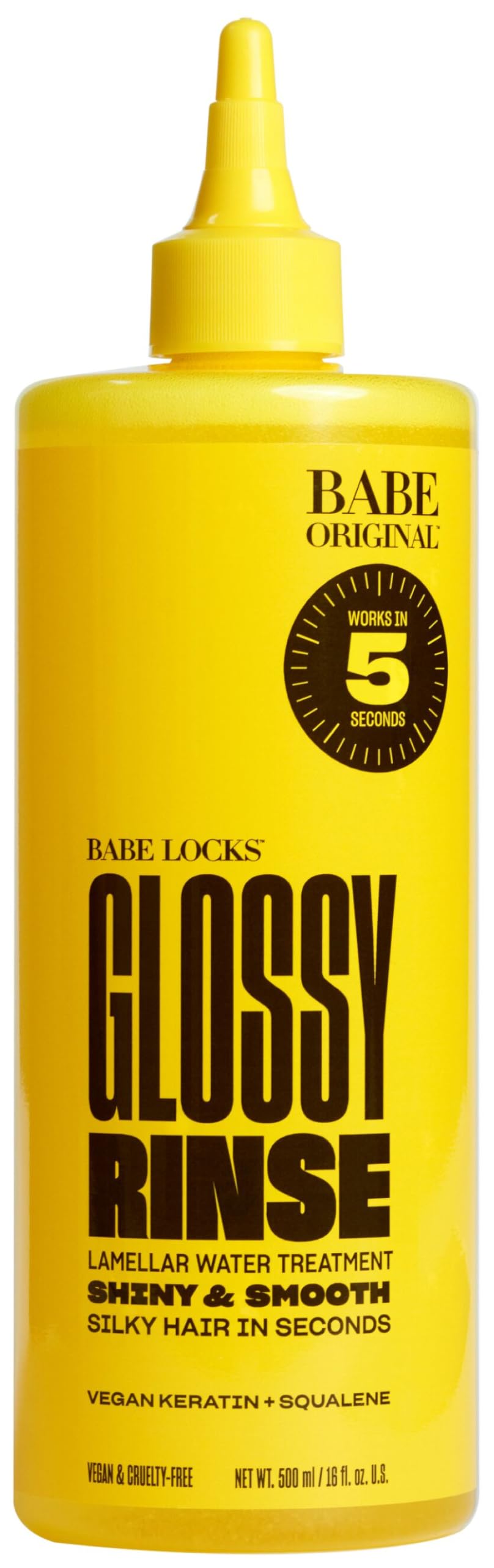 Babe Original Glossy Rinse bottle closeup shows vegan hydration for shine