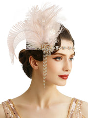 BABEYOND 1920s flapper headpiece with feather and crystals, front view for Gatsby party looks