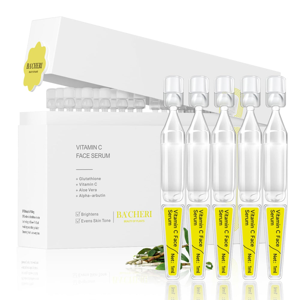 BACHERI vitamin C serum ampoule packaging emphasizing brightening convenience for daily care.
