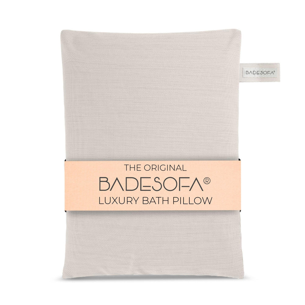 BADESOFA luxury bath pillow ivory-pearl in-use for plush neck support