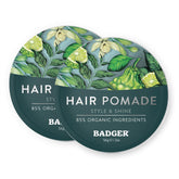 Badger Hair Pomade tin closeup highlighting medium hold and shine.