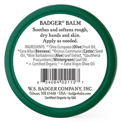 Badger Healing Balm tin open, showing creamy texture for quick hand moisture.