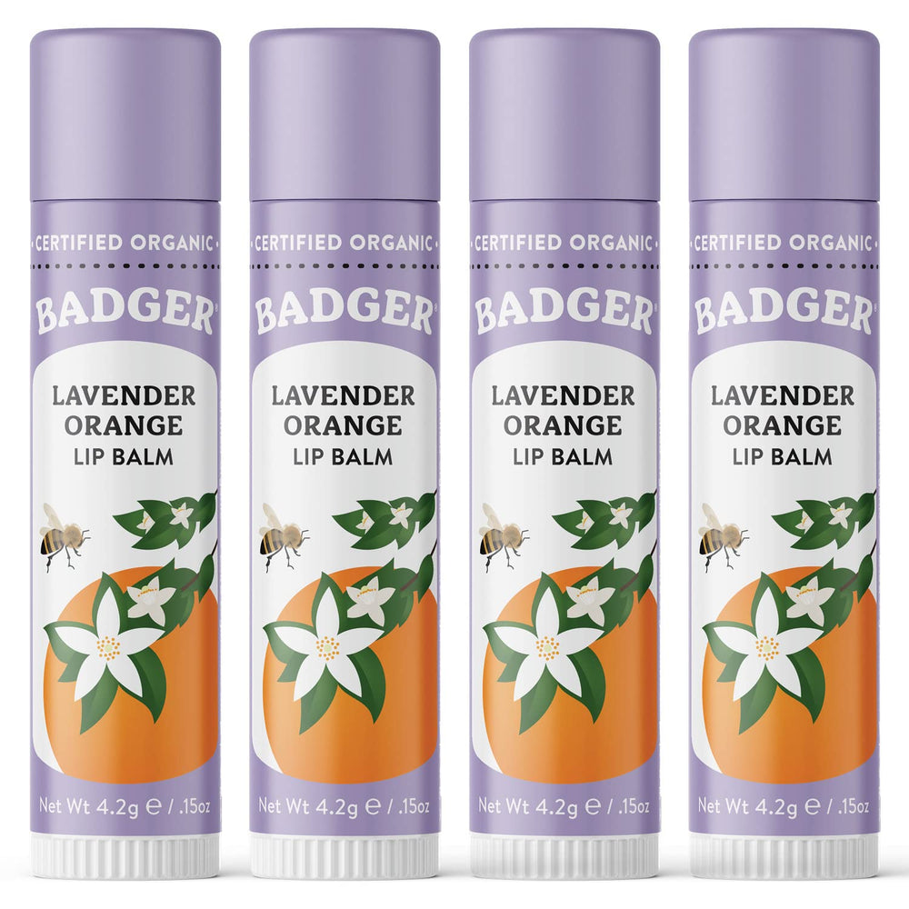 Badger Lavender Orange Lip Balm outer packaging highlighting natural, everyday lip nourishment