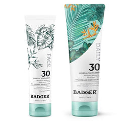 Badger Mineral Daily Face Sunscreen bottle offers lightweight SPF 30 protection for daily use.