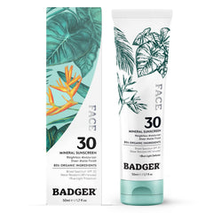 Badger Mineral Face Sunscreen SPF 30 bottle shows lightweight, sheer-matte finish for daily protection.