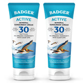 Badger Mineral Sunscreen Cream SPF 30 travel-size 2-pack packaging showcases eco-friendly tube for on-the-go sun protection.