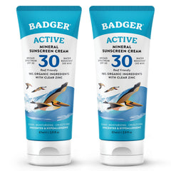 Badger Mineral Sunscreen Cream SPF 30 travel-size 2-pack packaging showcases eco-friendly tube for on-the-go sun protection.