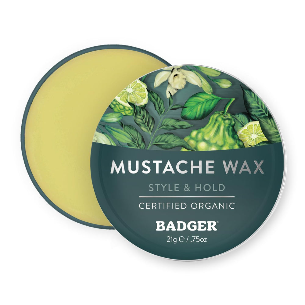Badger Mustache Wax tin open demonstrating medium hold for precise styling