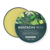 Badger Mustache Wax tin open demonstrating medium hold for precise styling