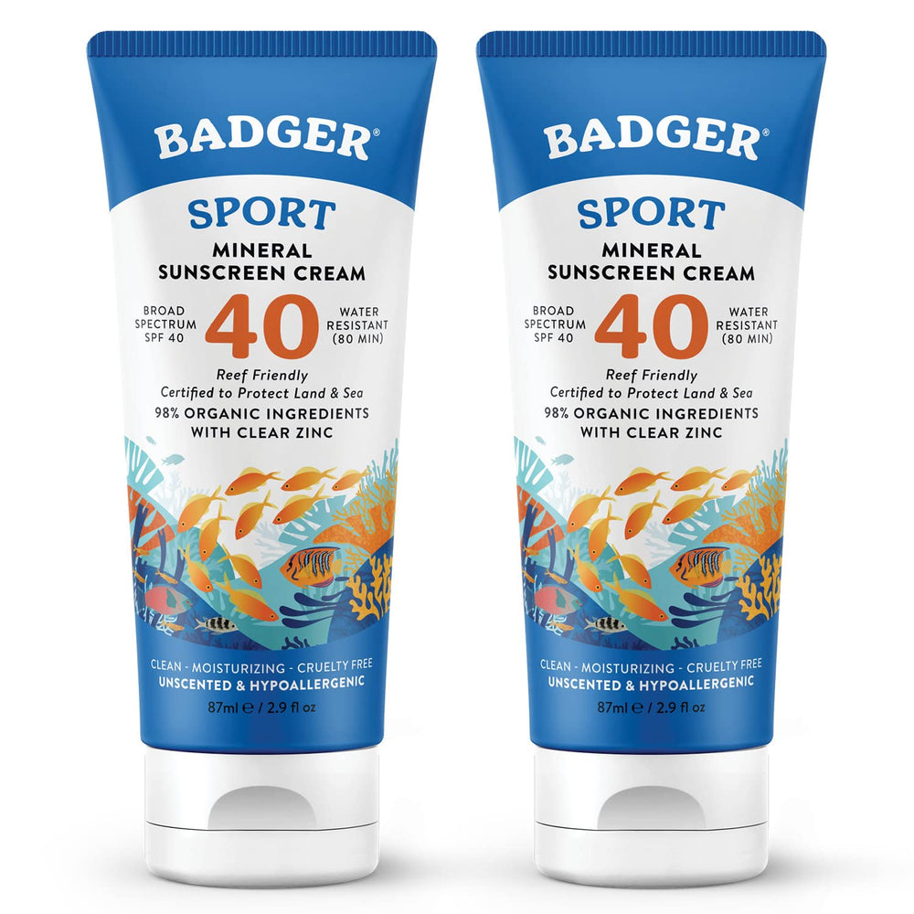 Badger Reef Safe Sport Sunscreen tube front shows SPF 40 unscented protection for active beach days