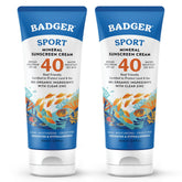 Badger Reef Safe Sport Sunscreen tube front shows SPF 40 unscented protection for active beach days