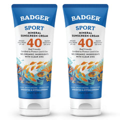 Badger Reef Safe Sport Sunscreen tube front shows SPF 40 unscented protection for active beach days