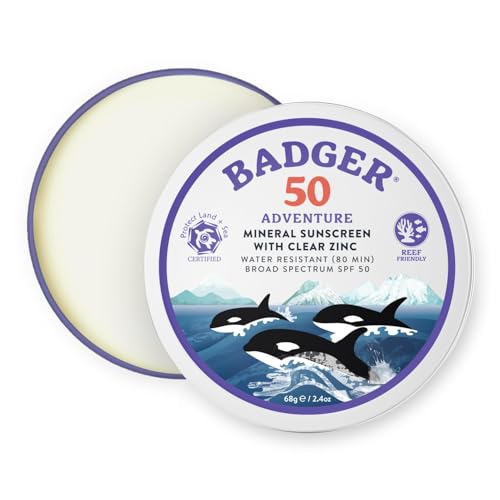 Badger SPF50 mineral sunscreen tin closed; reef-safe protection for daily sun exposure