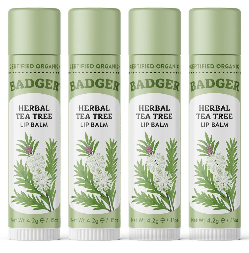 Badger Tea Tree Classic Lip Balm packaging highlights eco-friendly lip care