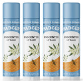Badger Unscented Classic Lip Balm four-pack in recyclable packaging for everyday moisture.