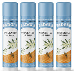 Badger Unscented Classic Lip Balm four-pack in recyclable packaging for everyday moisture.