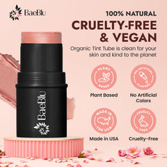 BaeBlu Rose blush-tube packaging highlights vegan, gluten-free clean beauty.