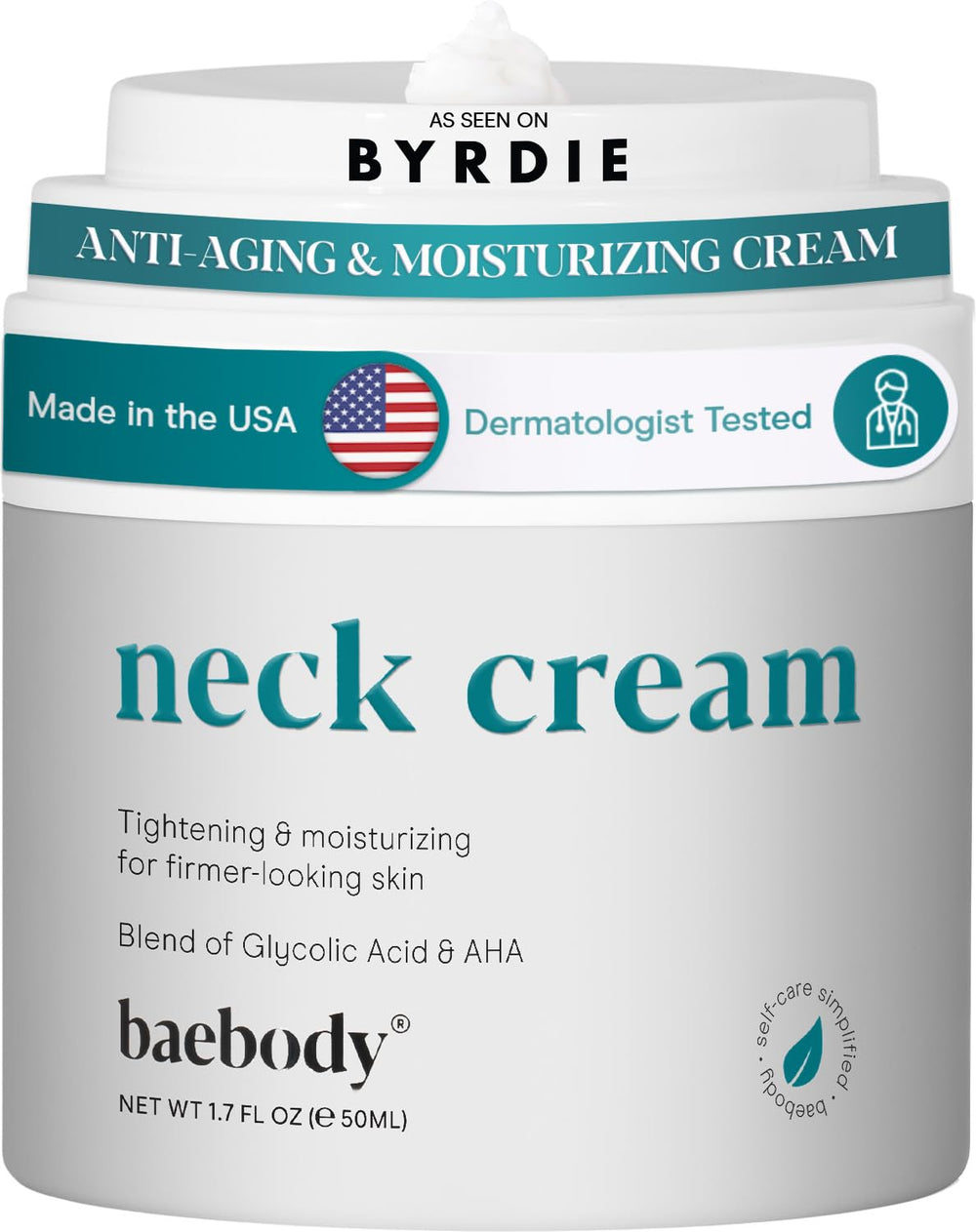 Baebody neck-cream-jar packaging showcases a firming neck skin solution.