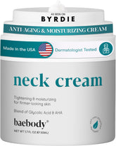 Baebody neck-cream-jar packaging showcases a firming neck skin solution.