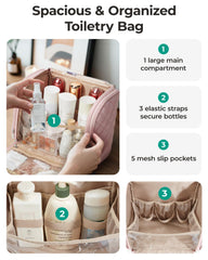 BAGSMART cosmetic bag demonstrates large capacity main compartment for travel essentials.