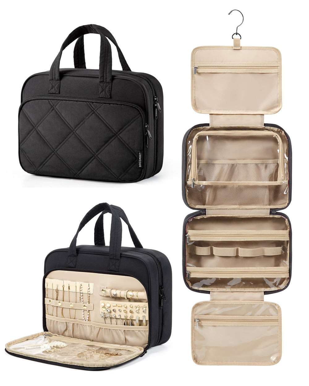 BAGSMART Hanging Toiletry Bag front view highlights compact, organized space for travel essentials.