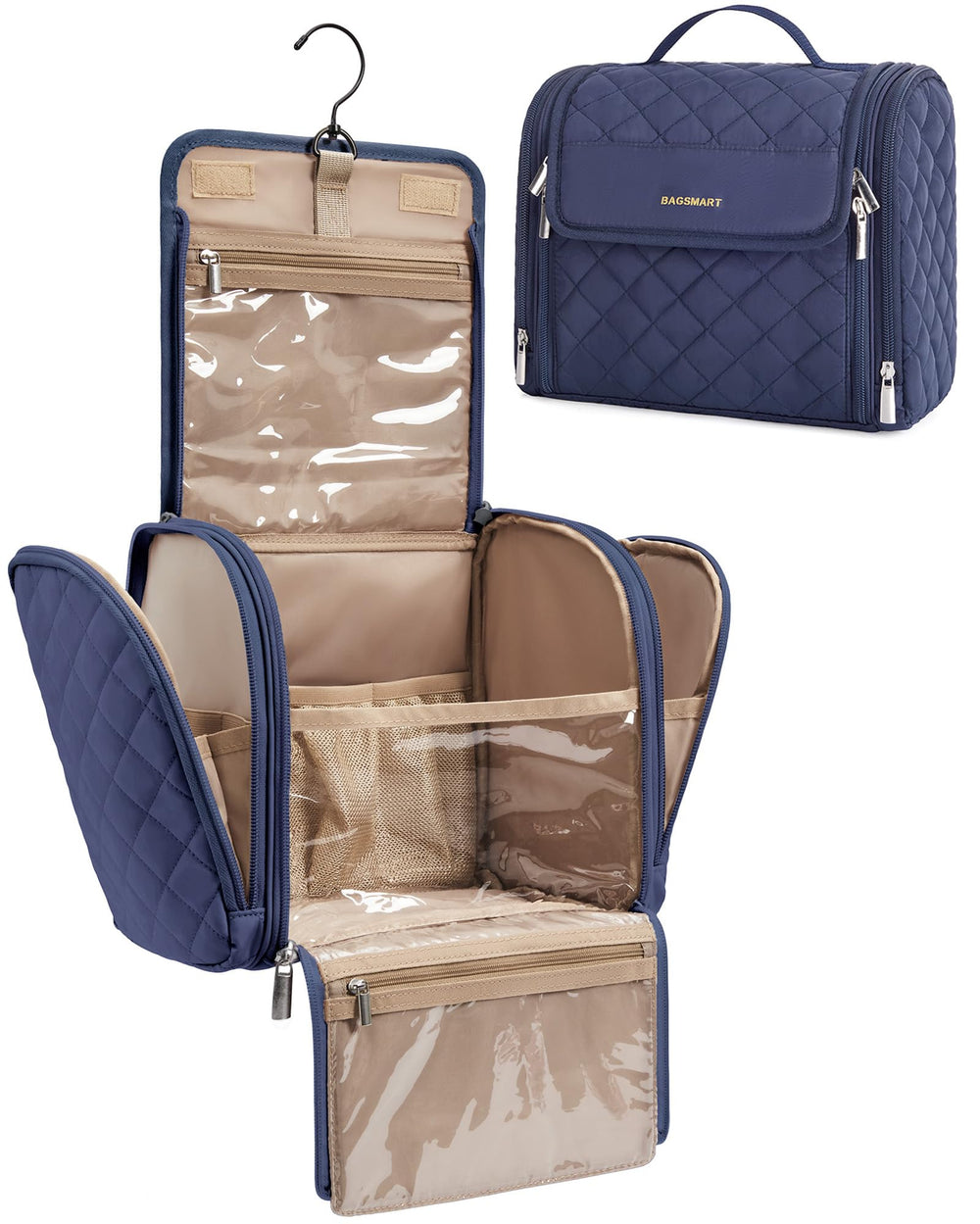 BAGSMART makeup bag hanging hook blue, organized travel storage on the go