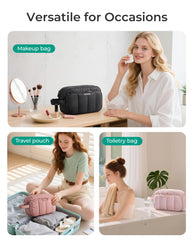 BAGSMART puffy makeup bag with soft material for comfortable travel storage.