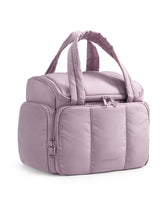 Bagsmart Puffy Travel Toiletry Bag front view shows organized storage for full-sized bottles