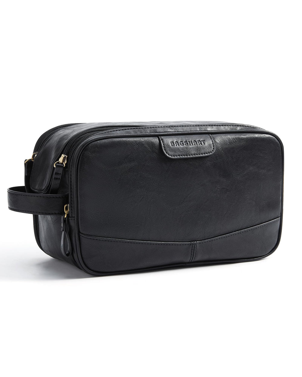 BagSmart Toiletry Bag in black leather close-up showing premium gloss and travel organization