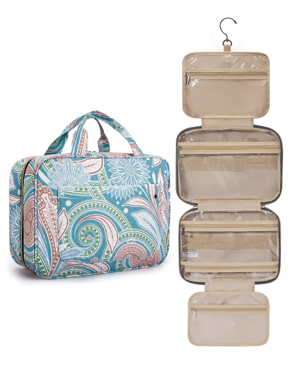 BAGSMART Toiletry Bag with hanging hook keeps essentials organized during travel.