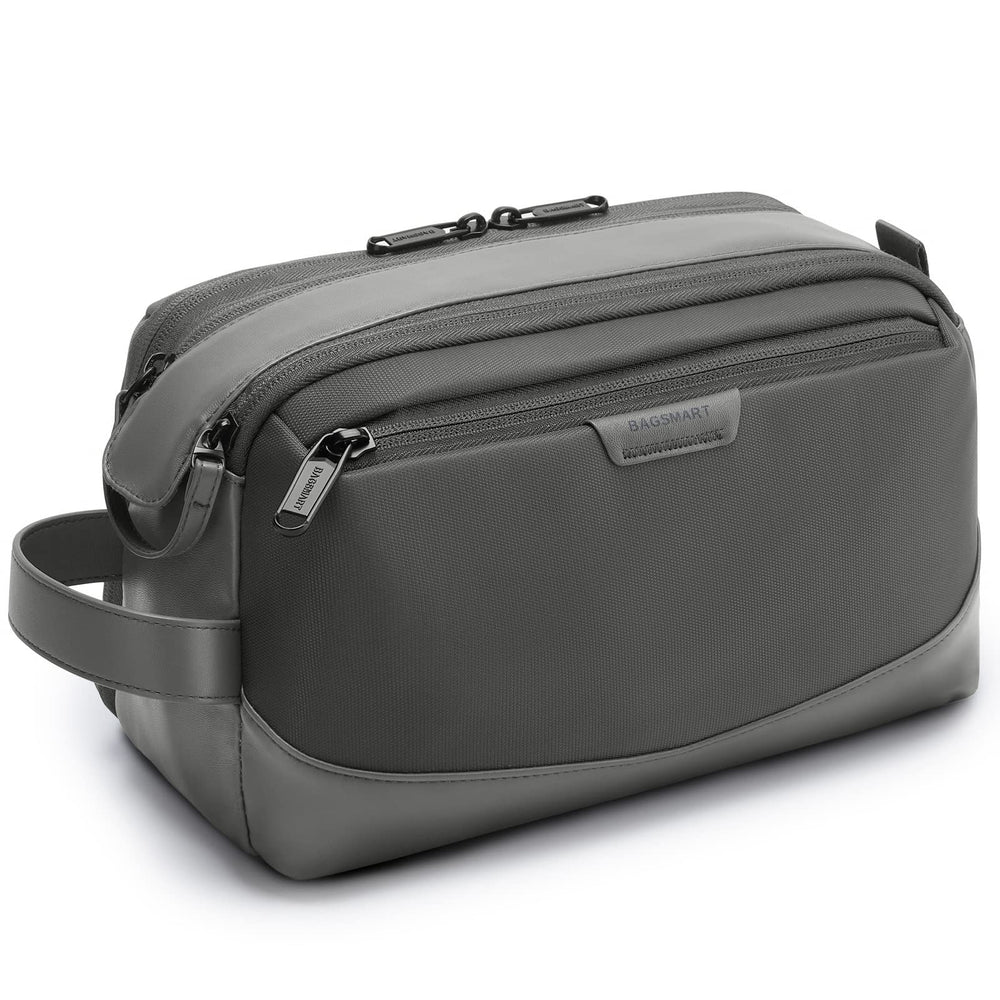 BAGSMART toiletry bag grey front view shows upright storage for easy packing.