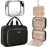 BAGSMART toiletry bag hanging 360-hook demonstrates easy-access, space-saving organization for hotel bathrooms.