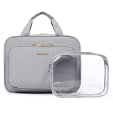 BAGSMART Toiletry Bag Hanging Large Grey shows organized storage for full-sized toiletries on the go