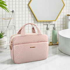 BagSmart toiletry bag medium pink side pocket keeps brushes neatly separated for easy access