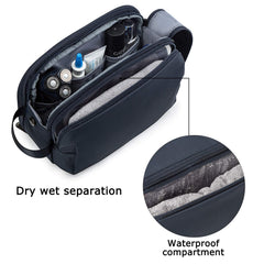 BAGSMART Toiletry Bag for Men Navy front pocket showing wet/dry separation for cosmetics and shaving items