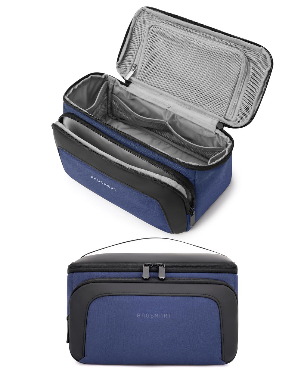 BAGSMART toiletry bag navy front view highlights elegant PU leather accents and organized storage.