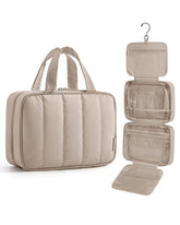 BAGSMART travel toiletry bag camel hanging hook enables quick access when unpacking at hotels.
