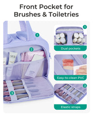 BagSmart travel toiletry bag dry-wet front pocket demonstrates easy clean separation for travel days
