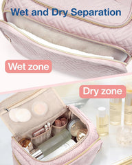 BAGSMART travel toiletry bag demonstrates dry-wet separation for easier cleanup