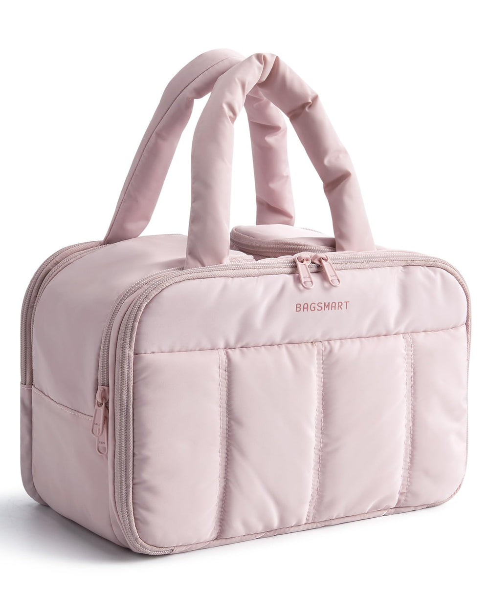 BAGSMART travel toiletry bag pink front view showing roomy layout for toiletries