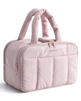 BAGSMART travel toiletry bag pink front view showing roomy layout for toiletries