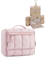 BAGSMART travel toiletry bag pink full-open for easy access and organized cosmetics on the go.