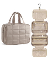 BAGSMART travel toiletry bag in camel with ample storage for cosmetics on weekends.