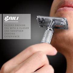 BAILI chrome-finish-handle provides balanced weight for comfortable shaving.
