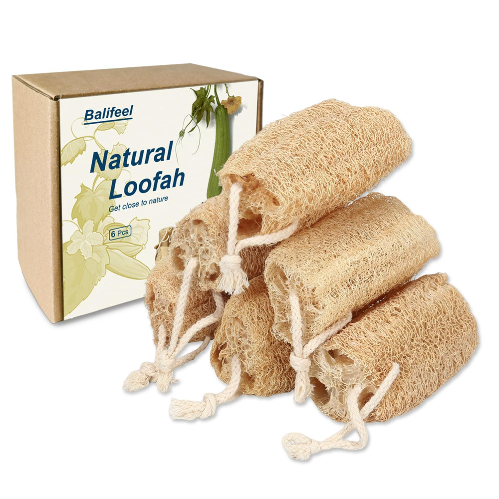 Balifeel loofah sponge 6-pack packaging ideal for gifting and eco-friendly storage.