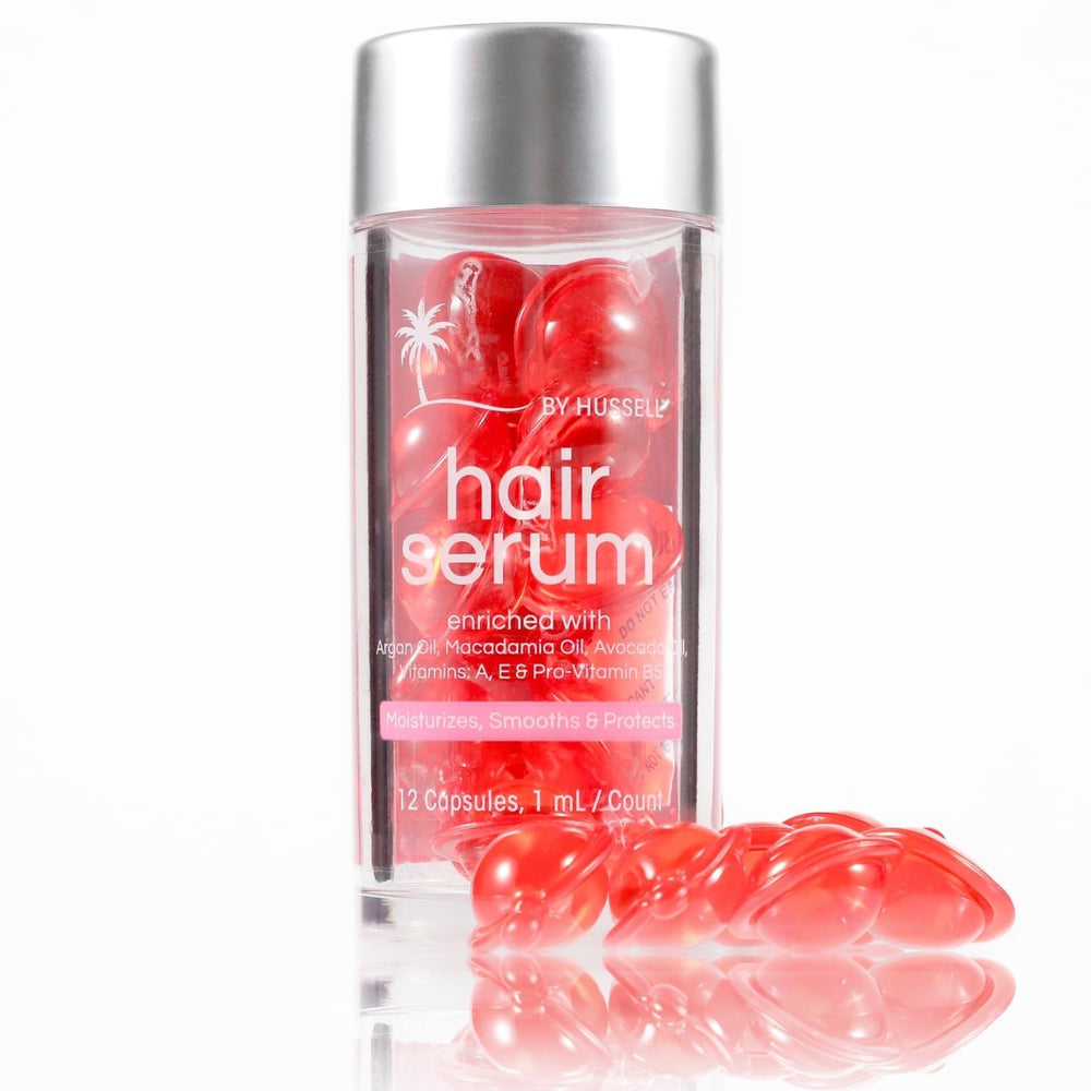 Bali Secret HUSSELL serum packaging showing a compact travel bottle for on-the-go hair care.