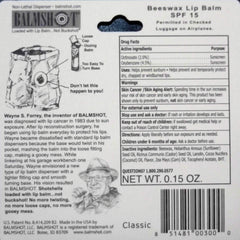Balmshot SPF 15 label communicates lip protection option for sunny days.