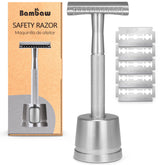 Bambaw double-edge safety razor with stand for organized, durable grooming.